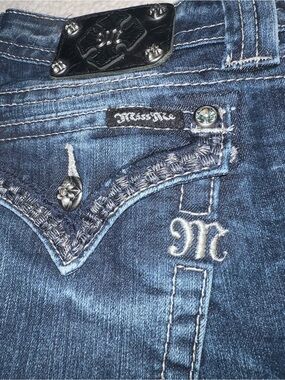Miss Me Blue Embroidered Skinny Jeans with Decorative Hardware